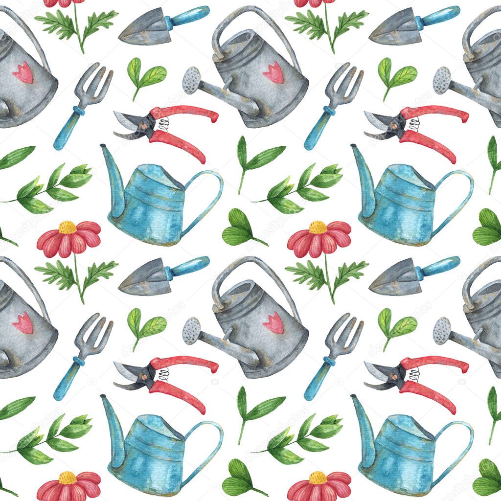 watercolor gardening seamless pattern. Hand draw pattern with garden tools