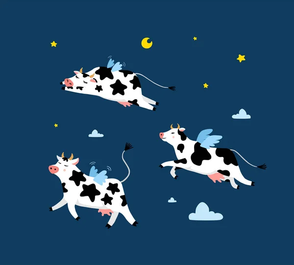 Funny bull or cow, symbol of the new year 2021, flying in the clouds and stars. Vector cartoon illustration or postcard. — Stock Vector