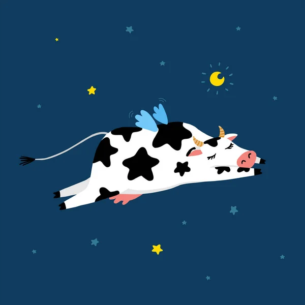 Vektorillustration einer niedlichen Kuh mit Flügeln, die im Traum über den Sternenhimmel fliegt. Vector Cartoon Illustration oder Postkarte. Symbol des neuen Jahres 2021 — Stockvektor