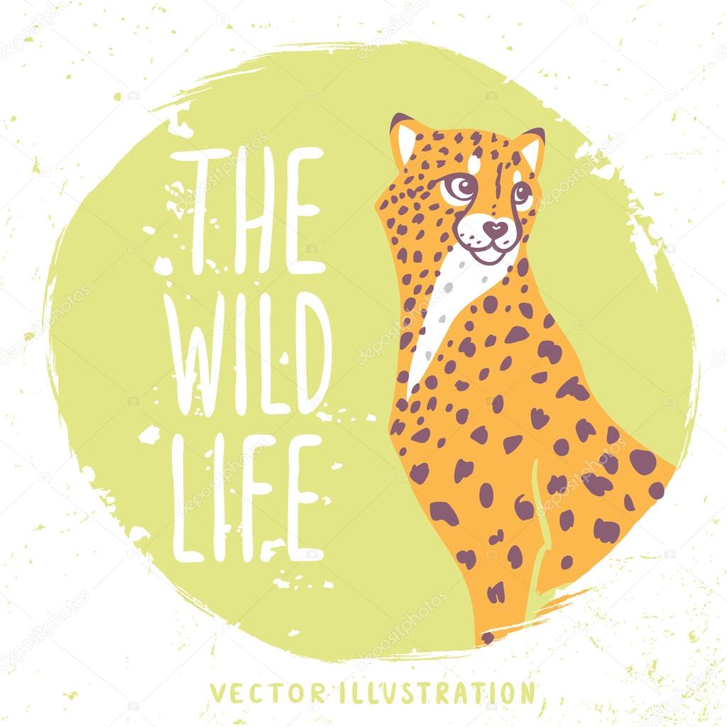 Silhouettes amazing profile wild cat cheetah in grunge circle with sample text. Vector illustration