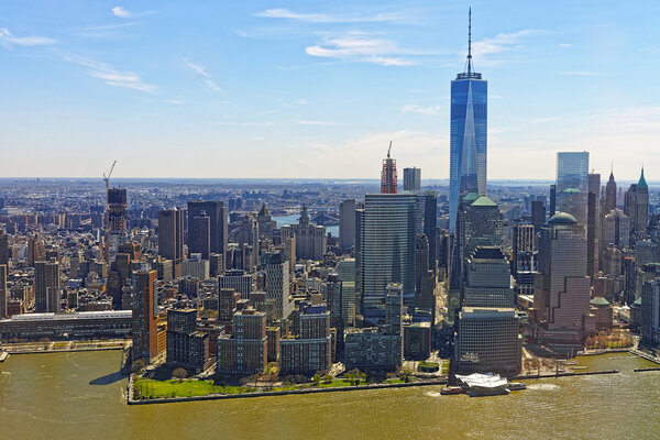 Helicopter view of Lower Manhattan in New York, USA from Hudson River.