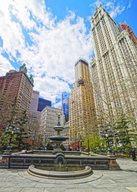 Çeşme ve Manhattan'daki City Hall Park içinde gökdelenler