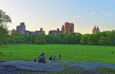 Yeşil çim ve Central Park Batı Manhattan siluetinin