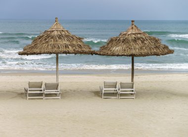 Palm barınak ve Çin plajda şezlong