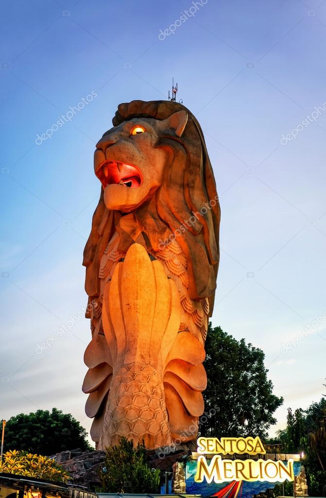 Singapore, Singapore - March 1, 2016: Merlion Statue on Sentosa Island in Singapore in the evening. The iconic sculpture is illuminated with light