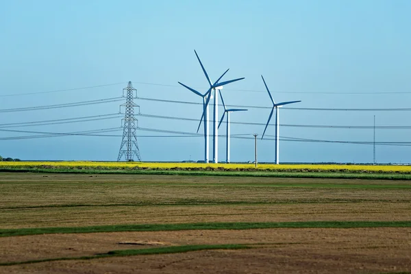 Meadow with Wind turbines generating electricity and electric po — Stock Photo, Image