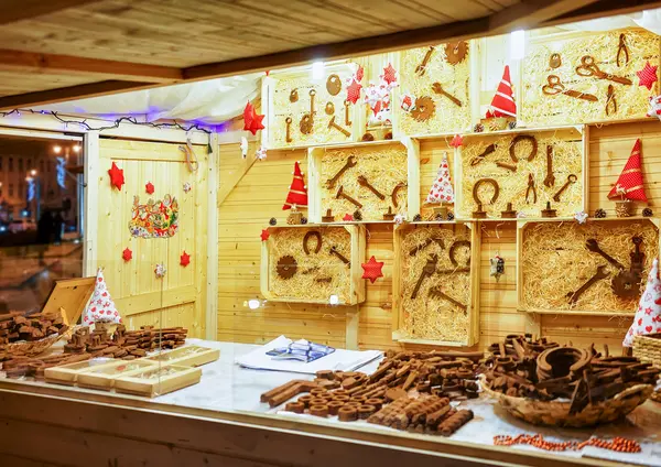 Chocolate instruments on stall at the Vilnius Christmas Market — Stock Photo, Image