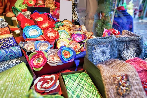 Festive handmade ties and flower brooches during Riga Christmas market — Stock Photo, Image