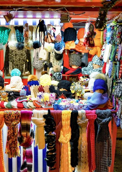 Stall with warm clothes at the Riga Christmas Market — Stock Photo, Image