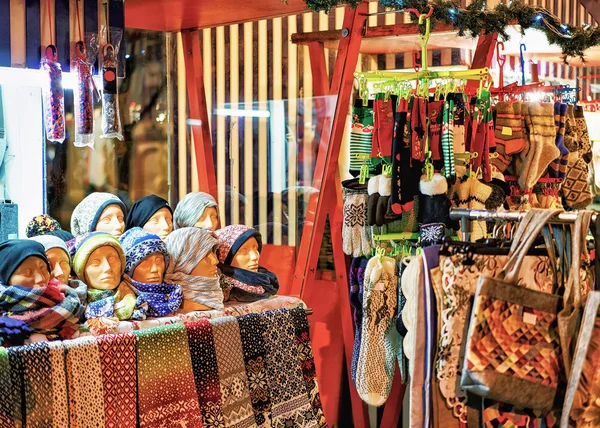 Stall with woolen clothes at Riga Christmas Market — Stock Photo, Image