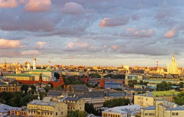 General view to Moscow city center and Kremlin view with stormy