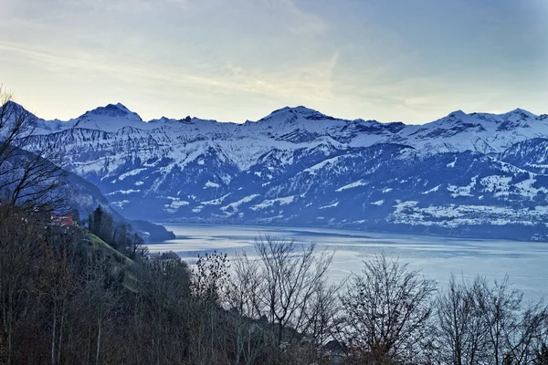 Swiss Alps and lake view near Thun lake in winter — Stock Photo, Image