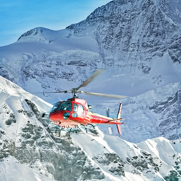 Röd helikopter på schweiziska Alperna nära Jungfrau-berget Stockbild