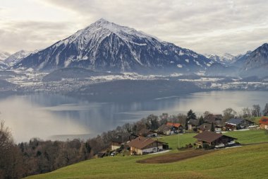 Thun Gölü görünümünde kış