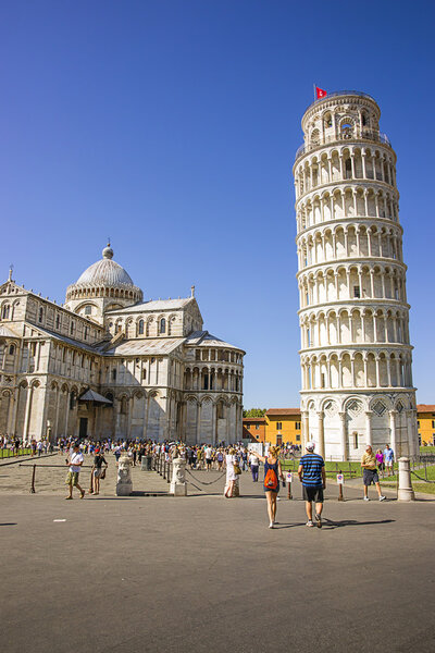 Pisa Leaning bell tower and Cathedral in Italy in summer