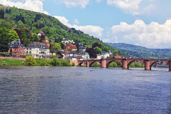 Quay i most nad rzeką w lecie Heidelberg — Zdjęcie stockowe