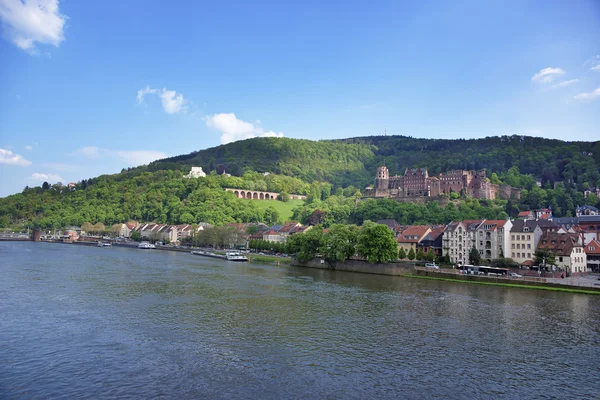 Muelle y barcazas en el río en verano Heidelberg — Foto de Stock