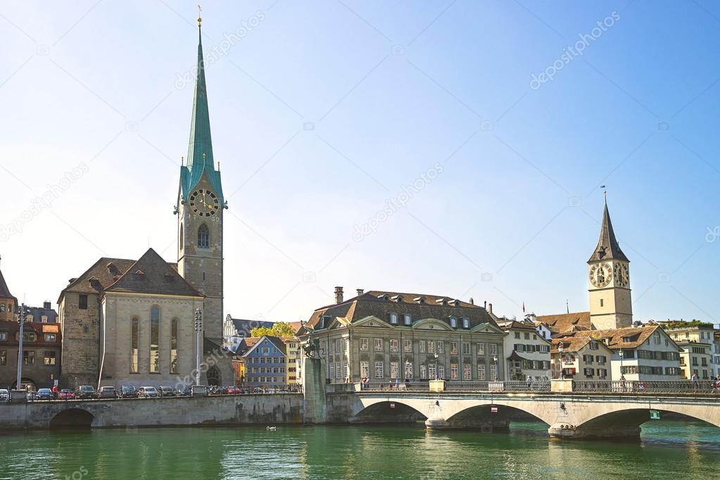 Zurich city center skyline and Limmat quay in summer