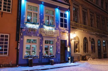 Restaurant in the Old Town of Riga decorated with Christmas lig