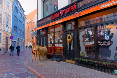Steak house in Old Riga decorated for Christmas