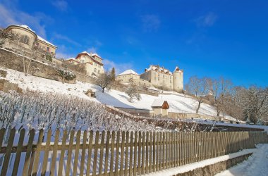 Kışın Gruyere Kalesi'nin görünümü