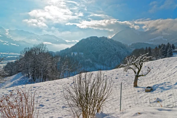 Krásná zimní krajina u města Gruyeres — Stock fotografie