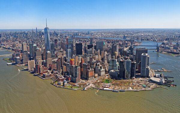 Stunning aerial view of Manhattan, New York City from a helicopter on April 25, 2015