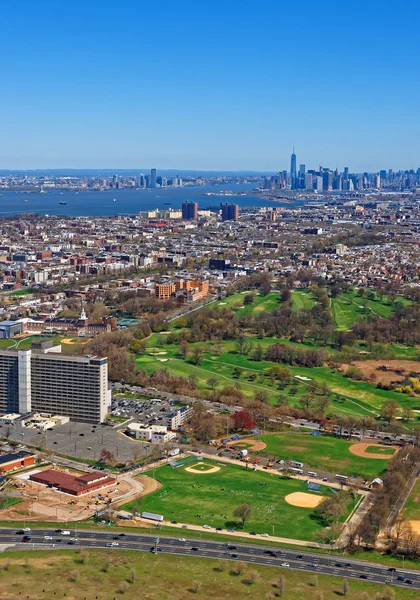 Aerial view of Prospect Park in Brooklyn and downtown Manhattan