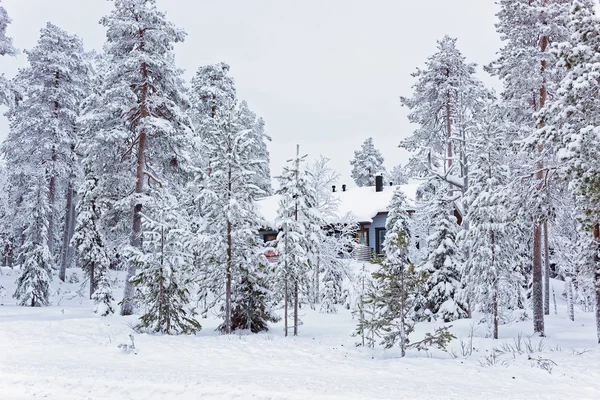 Vakantiehuis in de sneeuw bedekt Ruka in Finland op de Noordpool — Stockfoto