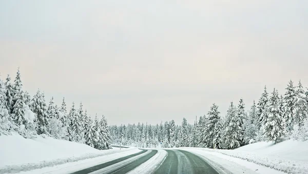 Snow covered road to Finland on the Arctic pole circle — Stock Photo, Image