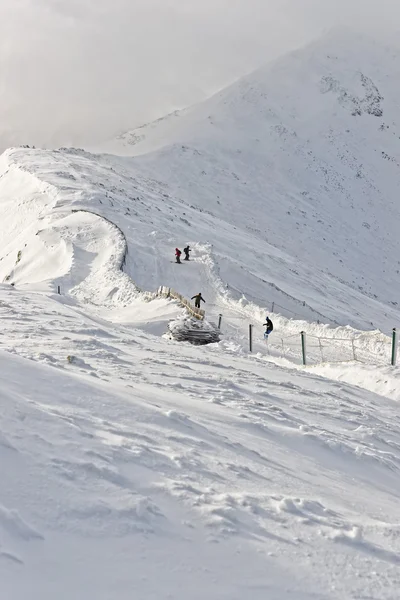 冬季在扎科帕内卡斯普拉维维尔奇的下坡滑雪者和滑雪板 — 图库照片