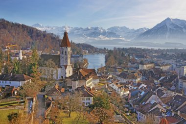 Panorama of Thun Church and Town with Thunersee and Alps clipart
