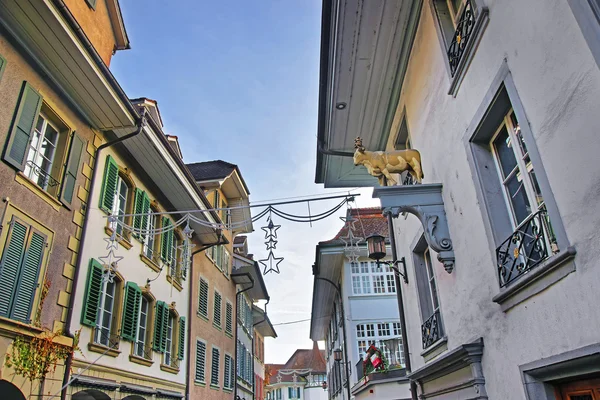 Street decorated with Christmas Stars in Thun Old City — Stock Photo, Image