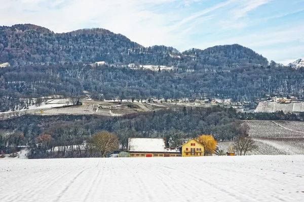 Landscape on countryside in Switzerland in snowy winter — Stock Photo, Image