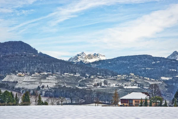 在下雪的冬天在瑞士农村景观 — 图库照片
