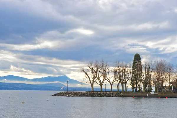 Lausanne nábřeží Ženevského jezera se stromy ve Švýcarsku — Stock fotografie