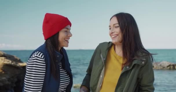 Duas belas jovens mulheres ficam na praia conversando, rindo, sorrindo olhando para a câmera. Dois amigos estão passando tempo juntos desfrutando de férias à beira-mar. — Vídeo de Stock