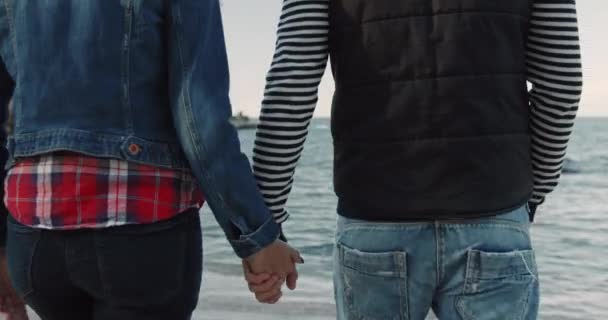 Jovens e apaixonados caminham em direção ao mar de mãos dadas. Vista de trás. História romântica. — Vídeo de Stock