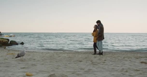 Zwei Erwachsene: Mann und Frau, gehen am Meer entlang und unterhalten sich in warmer Kleidung. Romantischer Abend. — Stockvideo