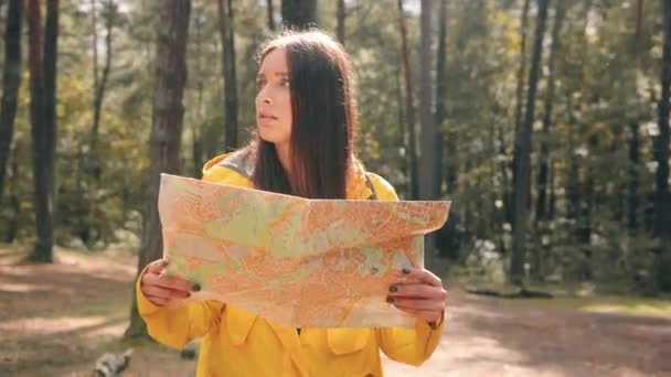 Dívka cestující v lese je ztracena, stojí uprostřed stromů, drží mapu a snaží se navigovat oblast. — Stock video