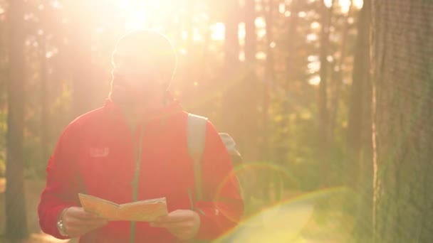 Przystojny biały mężczyzna w kapeluszu spaceruje w lesie w słoneczny dzień ciesząc się naturą i podążając trasą na papierowej mapie. — Wideo stockowe