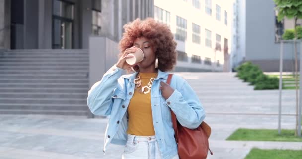 Jeune belle femme frisée afro-américaine élégante avec sac marchant dans la rue de la ville, buvant du café à emporter et souriant joyeusement. Jolie femme heureuse flânant à l'extérieur et sirotant une boisson chaude. — Video