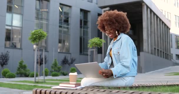 Jeune afro-américaine frisée belle femme assise sur un banc, parlant via webcam sur ordinateur portable et riant en plein air. Jolie vidéo-chat féminine dans la rue. Vidéochat. — Video