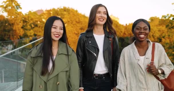 Mujeres jóvenes de razas mixtas, mejores amigas caminando por la calle de la ciudad y hablando. Mujeres multiétnicas paseando al aire libre en el parque y chismorreando. Afro-Americanas, Caucásicas y Asiáticas compartiendo secretos. — Vídeo de stock