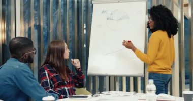 Bir grup genç çokuluslu öğrenci oditoryumda oturup ders konusunu tartışıyor. Genç Afrikalı Amerikalı kız fikir panosuna not düşmüş..