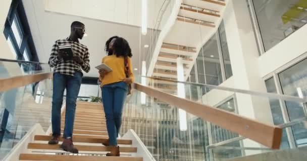 Двоє молодих афро-американських студентів спускаються по університетських сходах і обговорюють майбутні іспити, лекційні теми і академічний успіх. — стокове відео