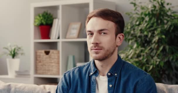 Ritratto di felice giovane di successo con la barba sorridente allegramente guardando la macchina fotografica mentre seduto sul divano a casa. — Video Stock