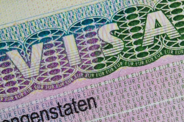 Schengen Europees Visum Stempel Het Paspoort Opklappen Fragment Van Het — Stockfoto