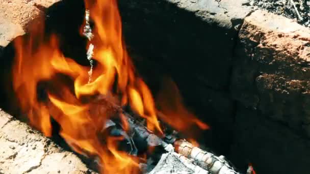 Beautiful Colored Bonfire Burning Old Stone Oven Retro Style Bright — Stock Video