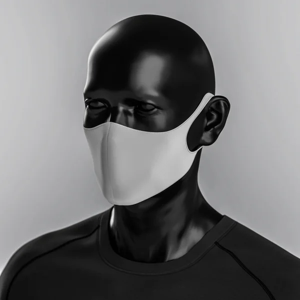 Modayı takip eden, siyah koruyucu maskeli beyaz arka planda duran bir adam. Yüzünde virüs koruma maskesi olan birinin yakın plan fotoğrafı. Sağlık hizmeti afişi 3 boyutlu tasarım.